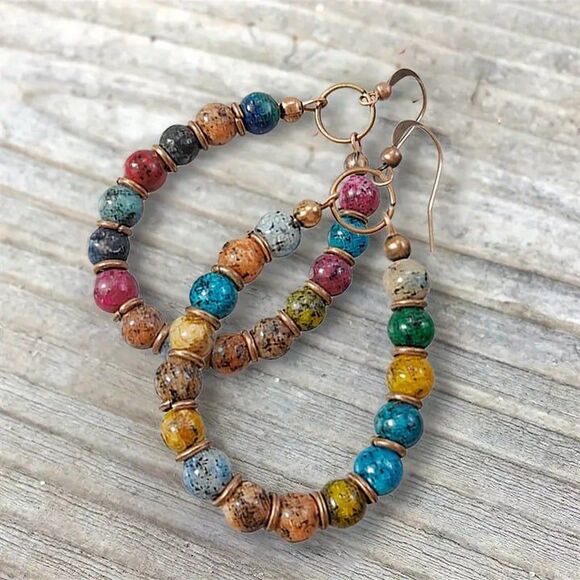 Multi-colored stone bead Hoop Earrings - Picture 2 of 2